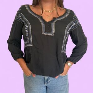 American Eagle Outfitters Black Blouse with Blue Embroidery